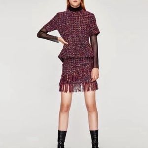 Zara multicolor raw hem tweed keyhole back peplum size M